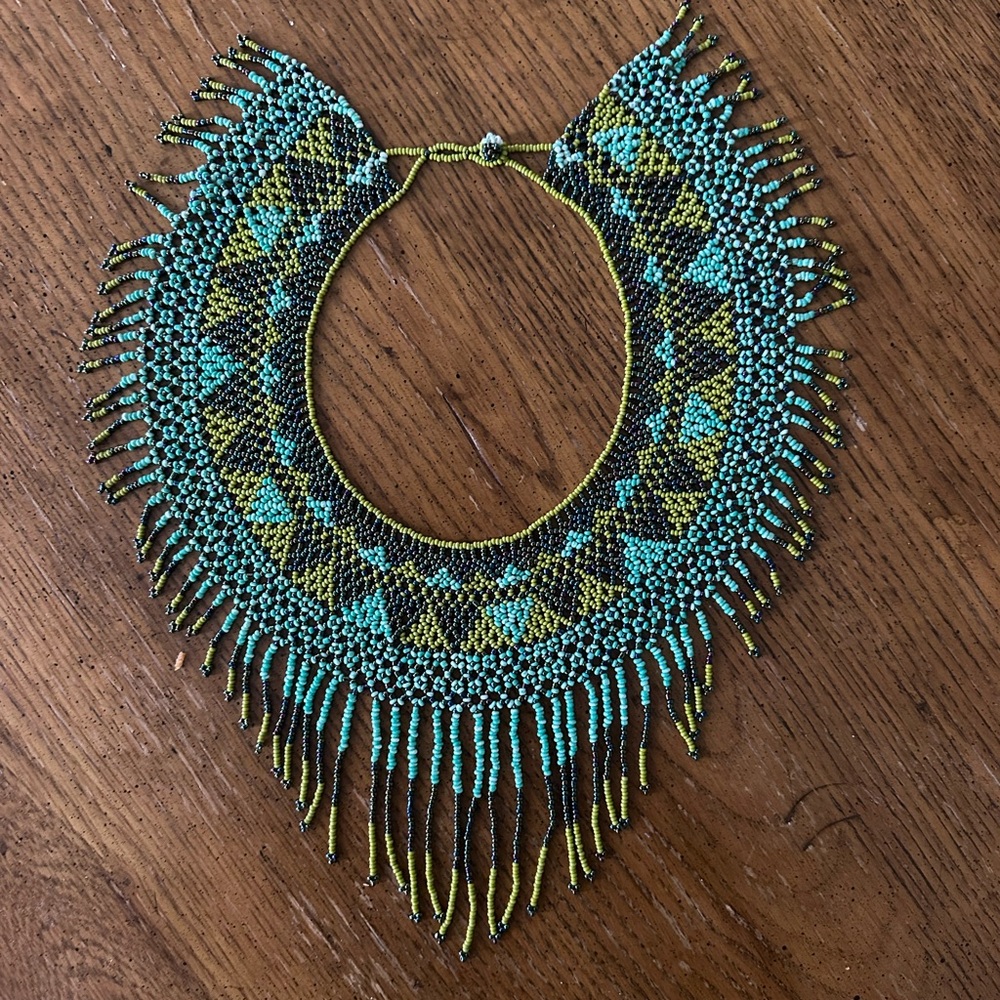 Handcrafted Mexican Beaded Necklace - Turquoise and Gold